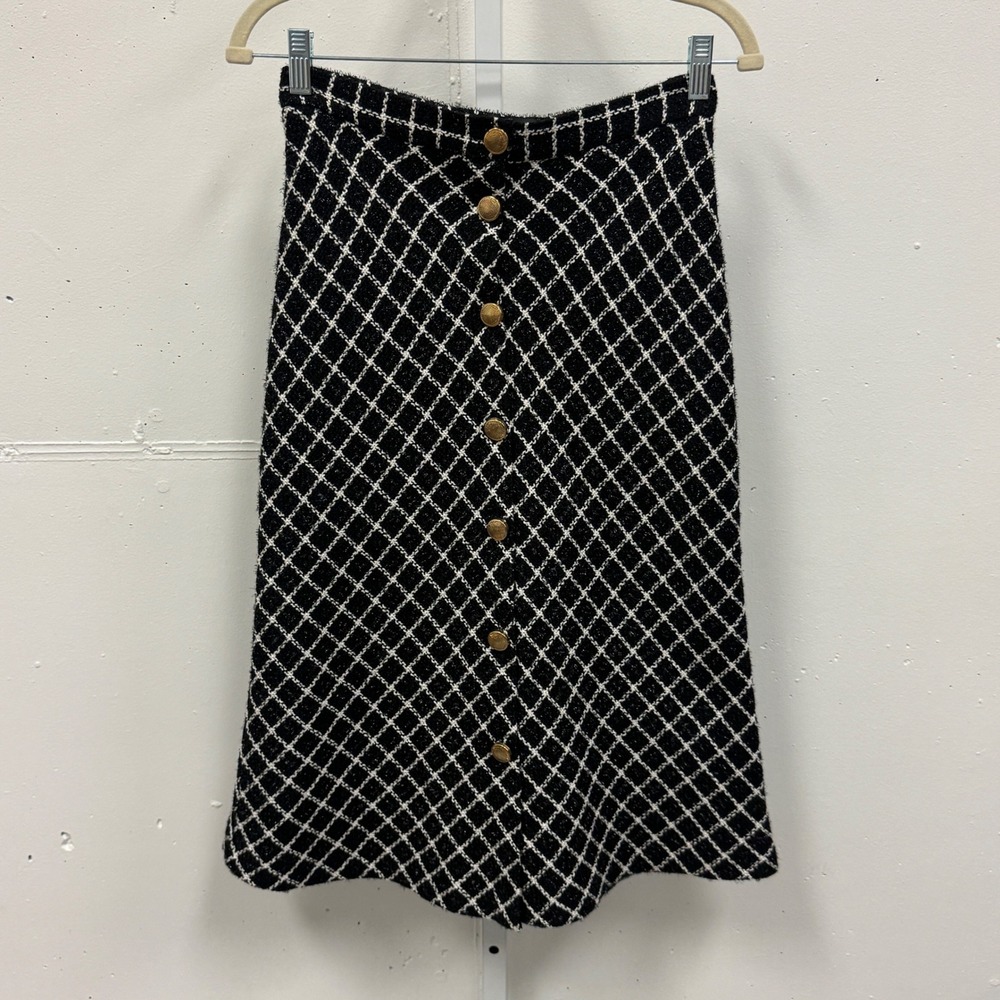 Boutique Perfetto Black White Tweed Diamond Grid Button Front Midi Skirt Size‎ 4